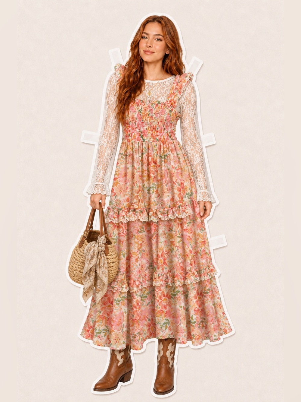 Haute Hippie Floral Smocked Tiered Maxi Dress – Pink & Coral Floral – Size 4